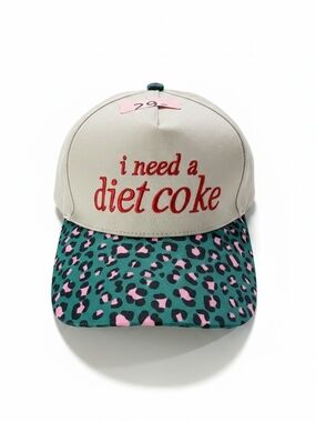 Zenana Beige 'I need a diet coke' Cap with Teal Pink Leopard Brim